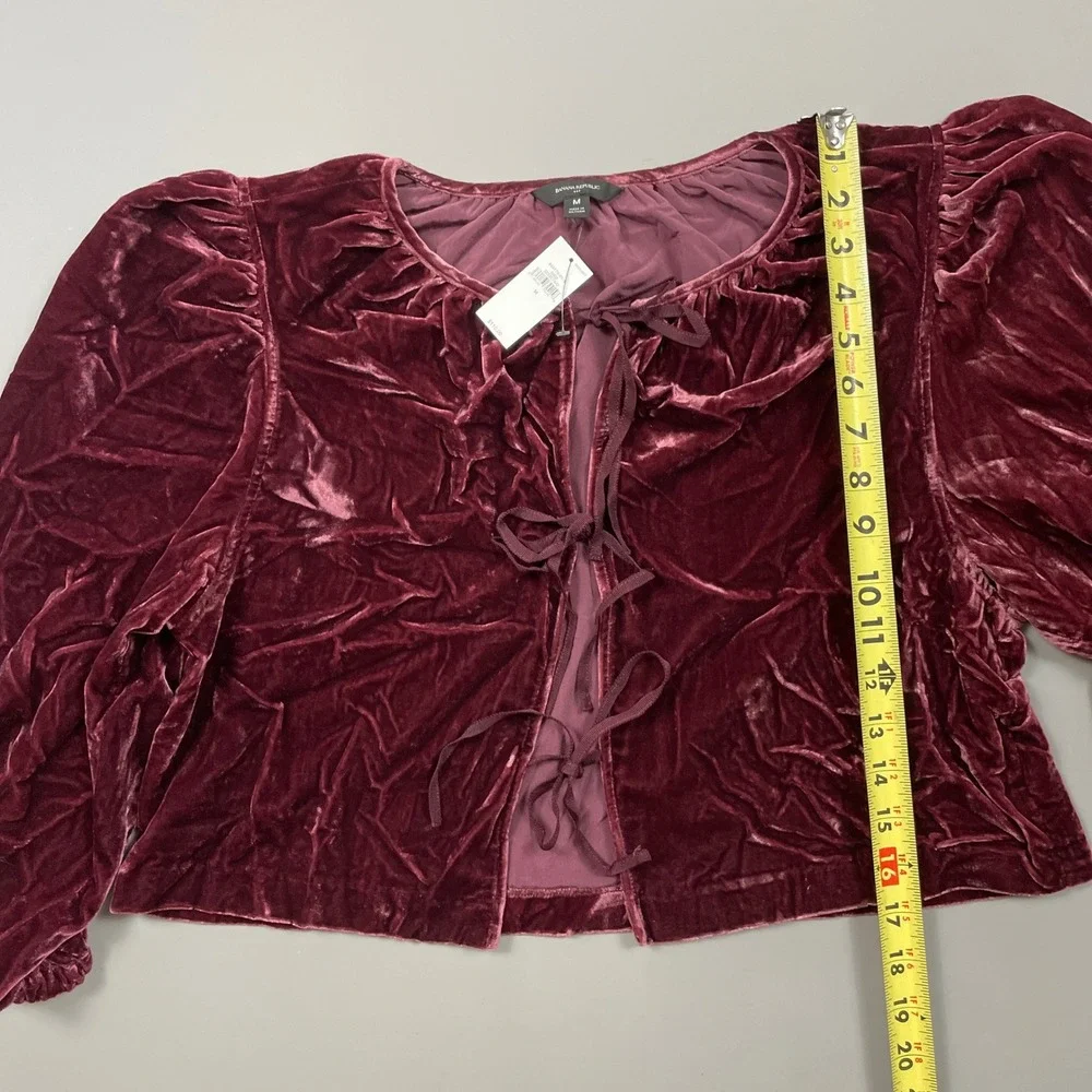 Banana Republic Velvet Tie Front Puff Sleeve Top Burgundy Retail $110